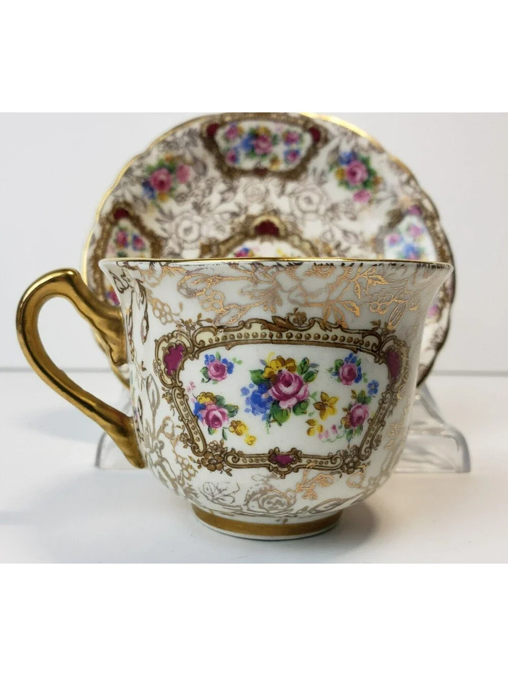 Vintage James Kent Demitasse Teacup & Saucer Pompadour England Gold Floral